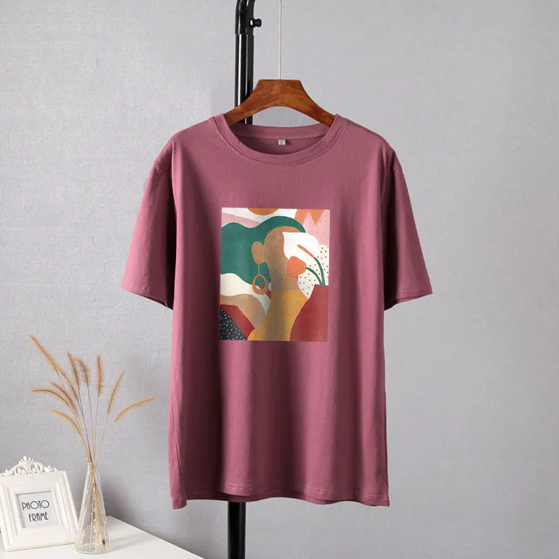 Aesthetic Character Print Casual Tees for Women