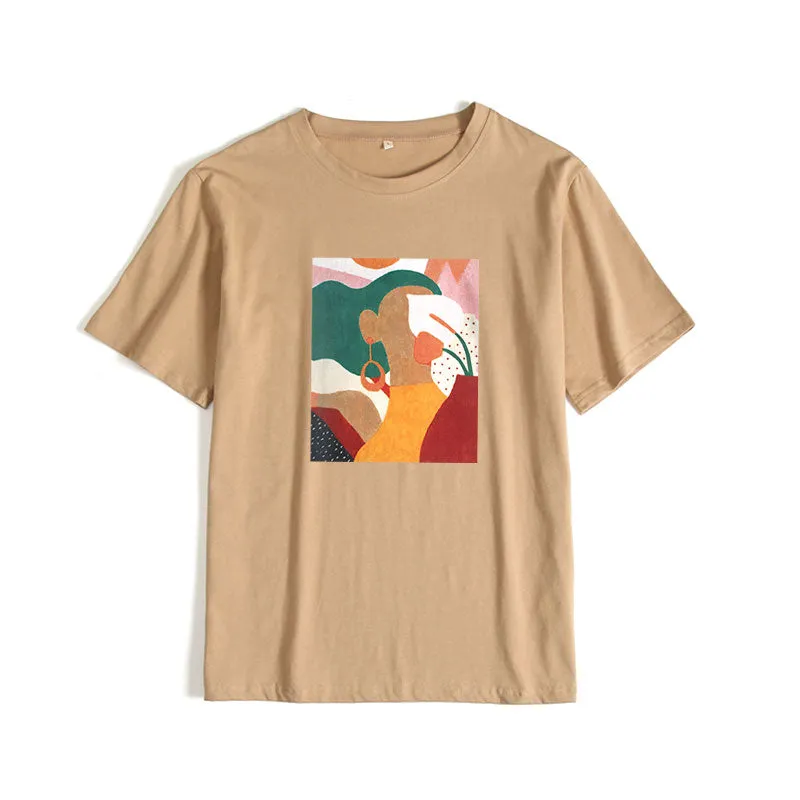 Aesthetic Character Print Casual Tees for Women