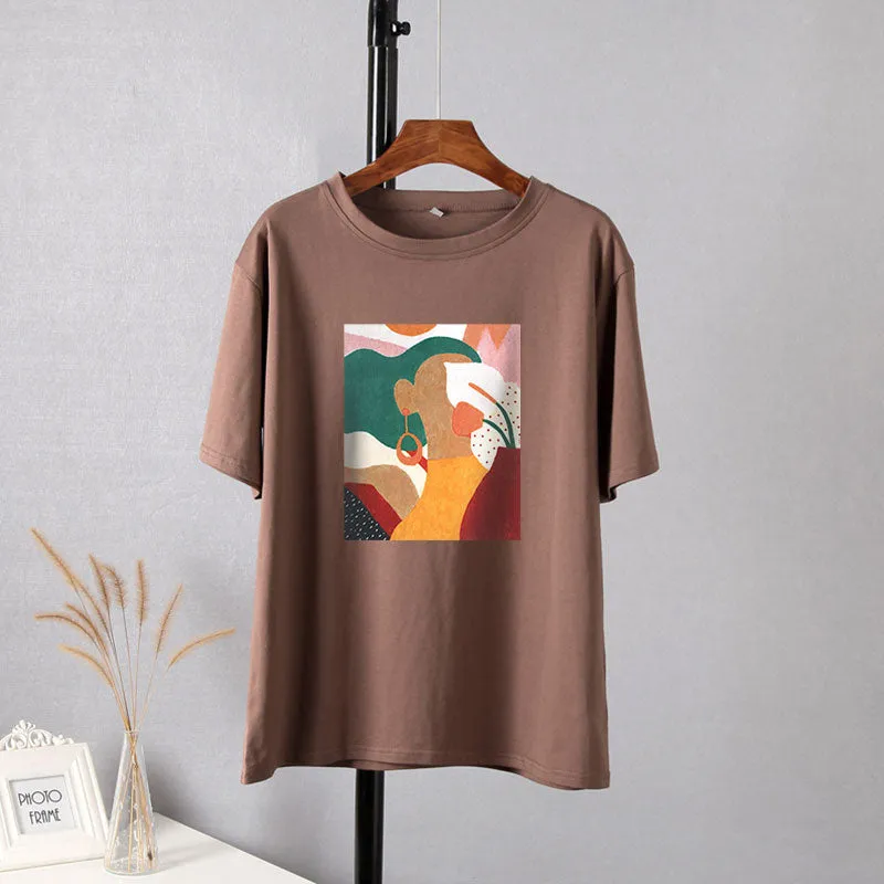 Aesthetic Character Print Casual Tees for Women