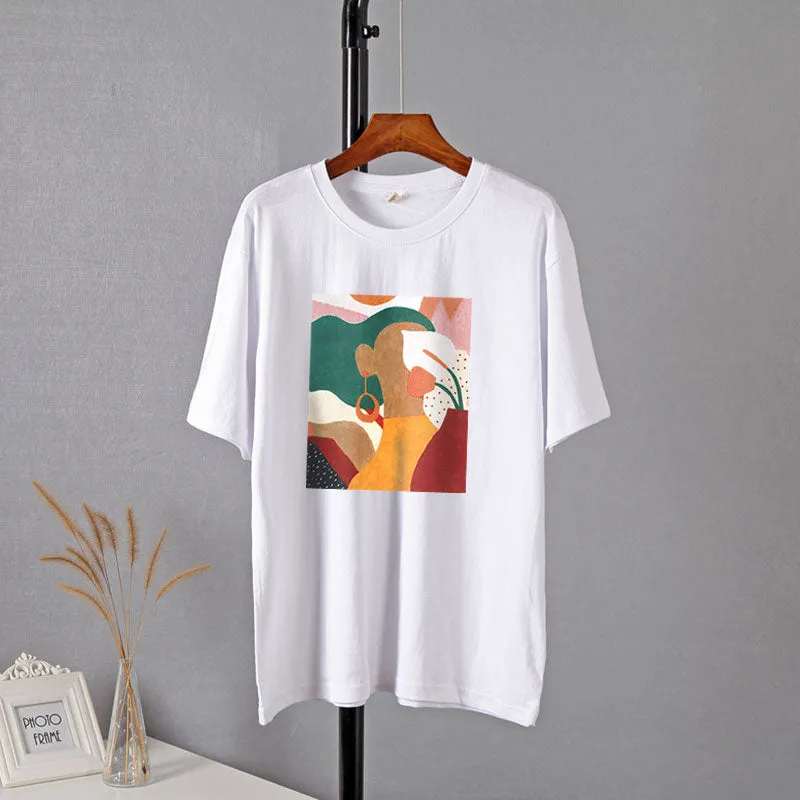 Aesthetic Character Print Casual Tees for Women