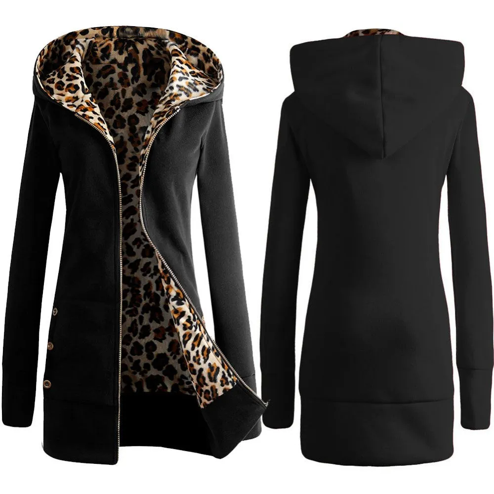 Autumn Winter Fashion Womens Leopard Printed Zipper Up Hooded Coat Jacket Long Sleeve Outwear Sweatshirts