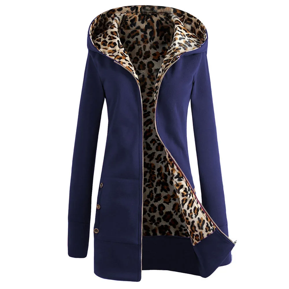 Autumn Winter Fashion Womens Leopard Printed Zipper Up Hooded Coat Jacket Long Sleeve Outwear Sweatshirts