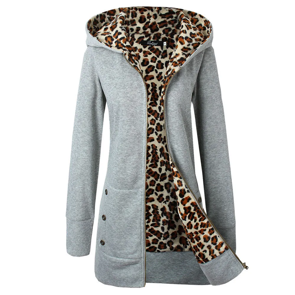 Autumn Winter Fashion Womens Leopard Printed Zipper Up Hooded Coat Jacket Long Sleeve Outwear Sweatshirts