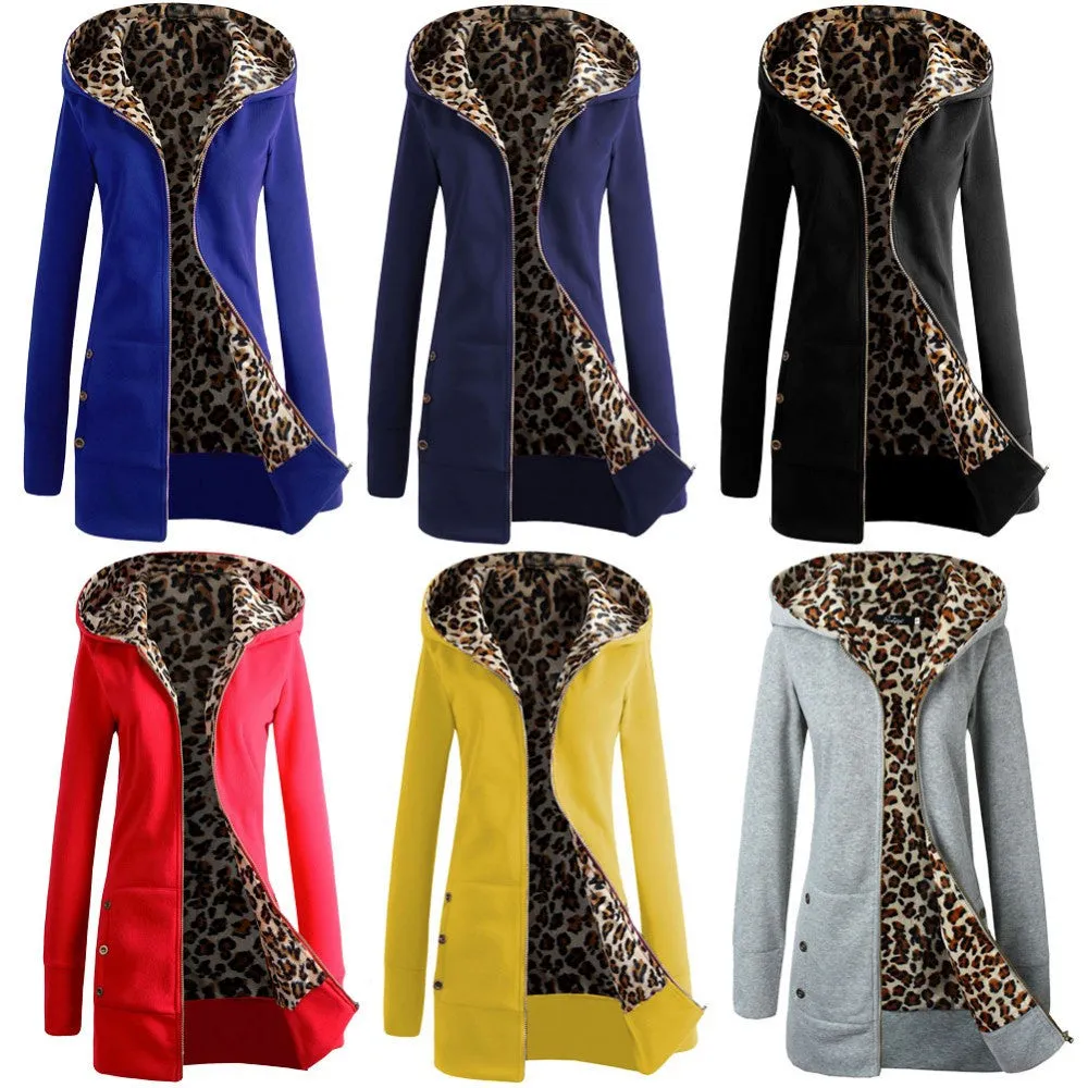 Autumn Winter Fashion Womens Leopard Printed Zipper Up Hooded Coat Jacket Long Sleeve Outwear Sweatshirts