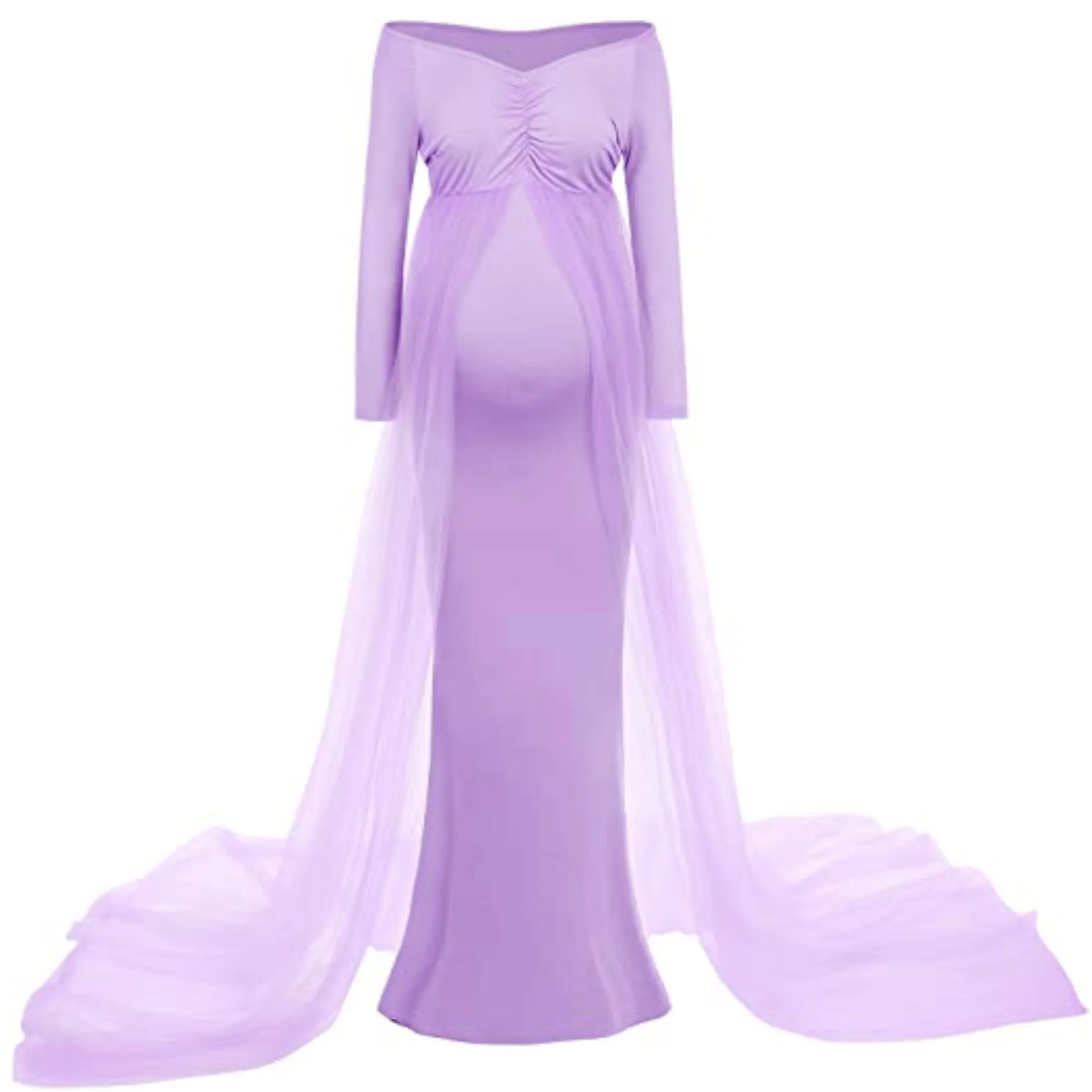 Babymoon Long Tail Maternity Gown Dress - Light Purple