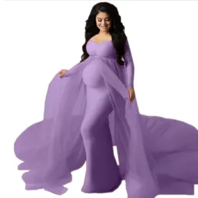 Babymoon Long Tail Maternity Gown Dress - Light Purple