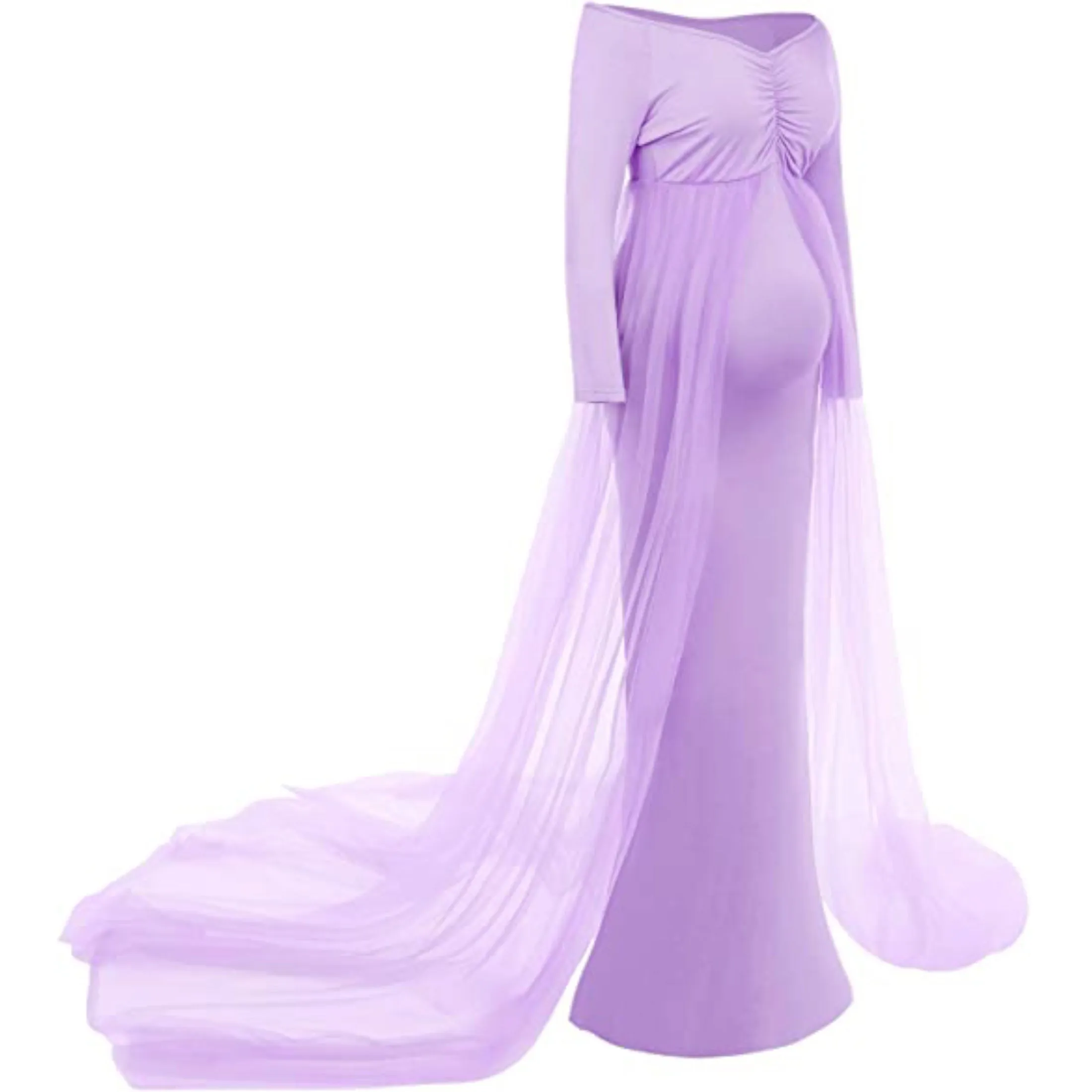 Babymoon Long Tail Maternity Gown Dress - Light Purple