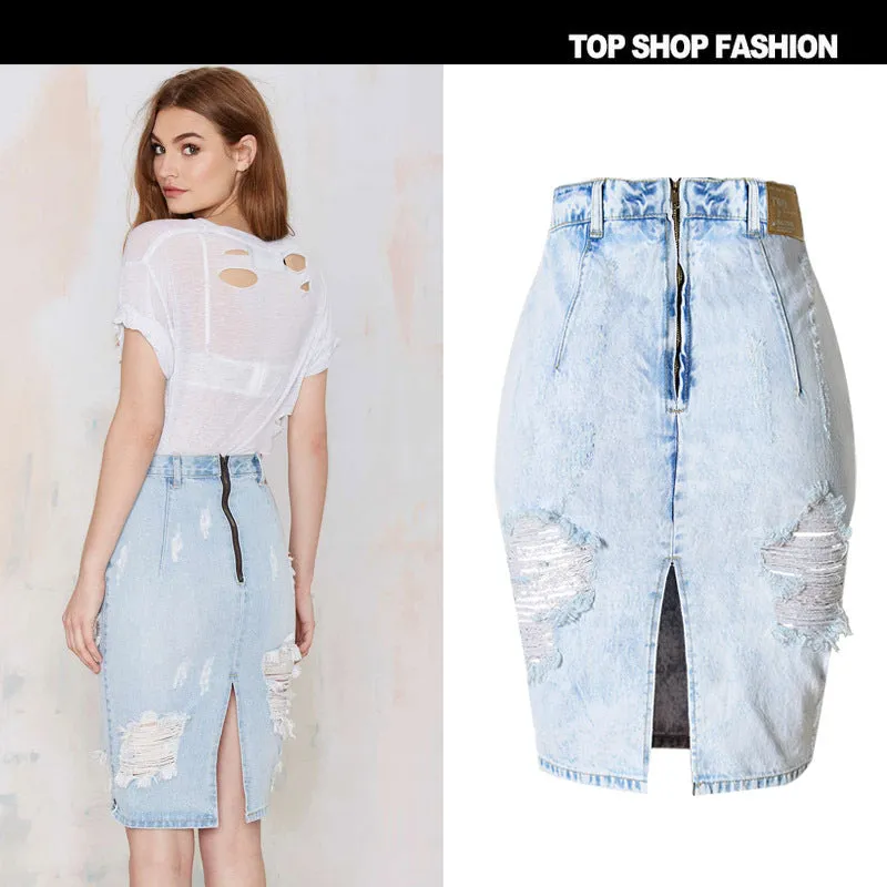 Bagger Style Holes High Waist Slim Short Denim Skirt