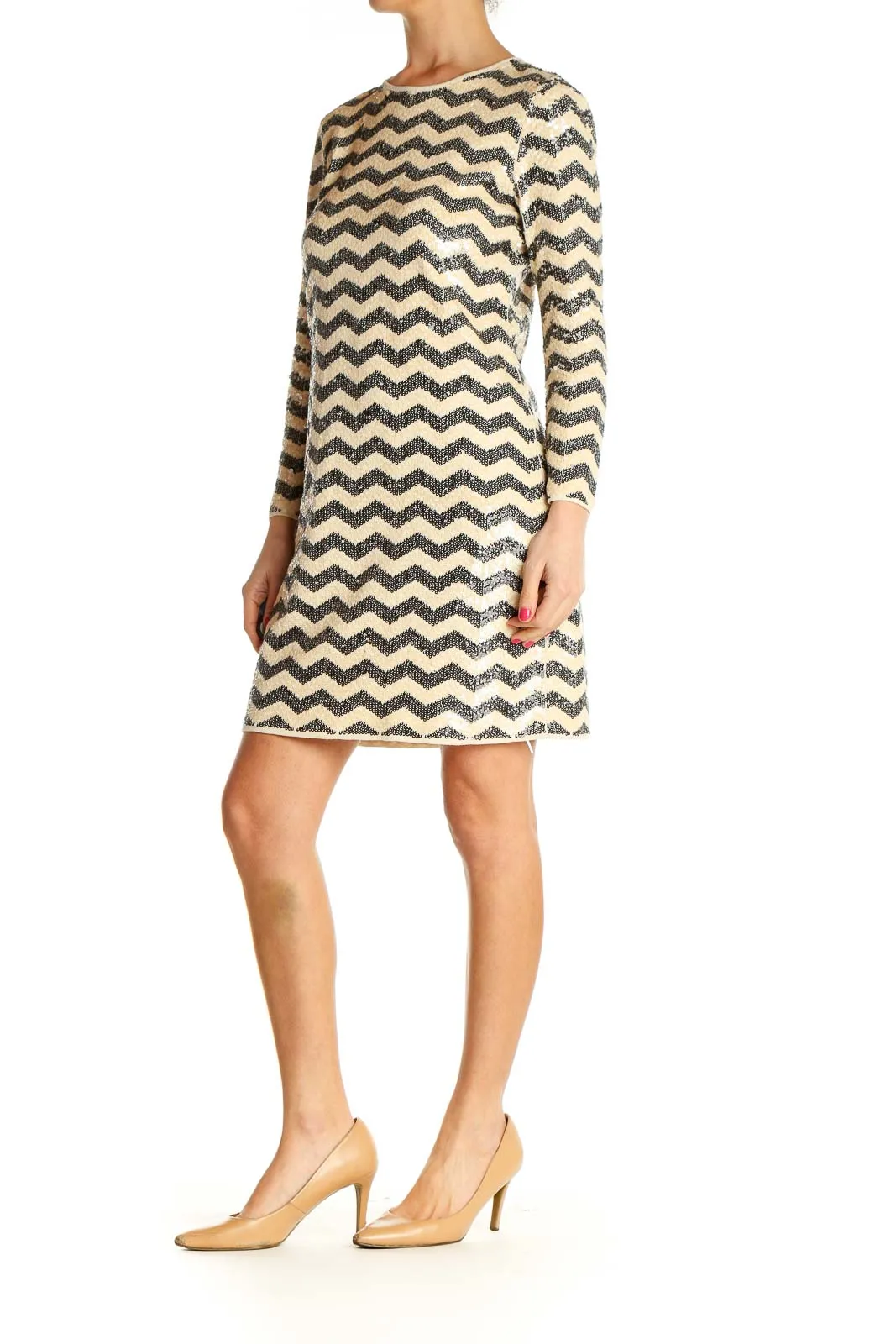 Beige Chevron Day Sheath Dress