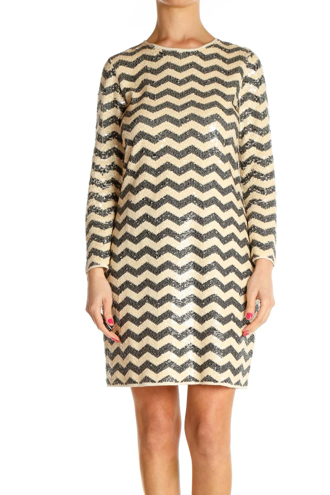 Beige Chevron Day Sheath Dress