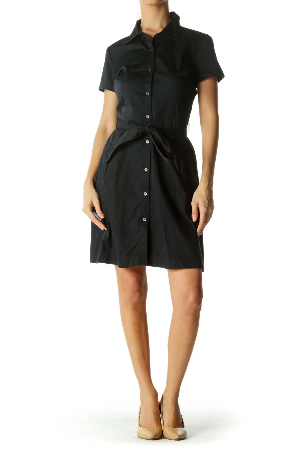 Black Button-Down Belted Day Dress