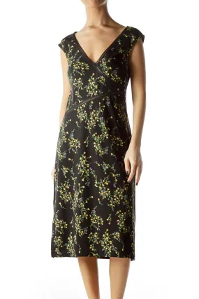 Black Yellow Flowers Print Day Dress