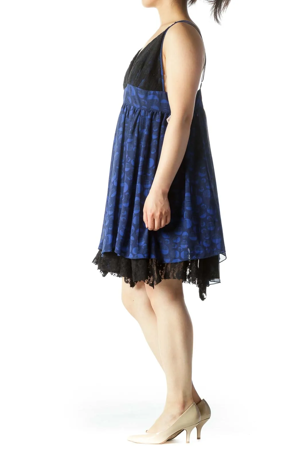 Blue & Black Printed Lace-Breasted Spaghetti Strap Day Dress