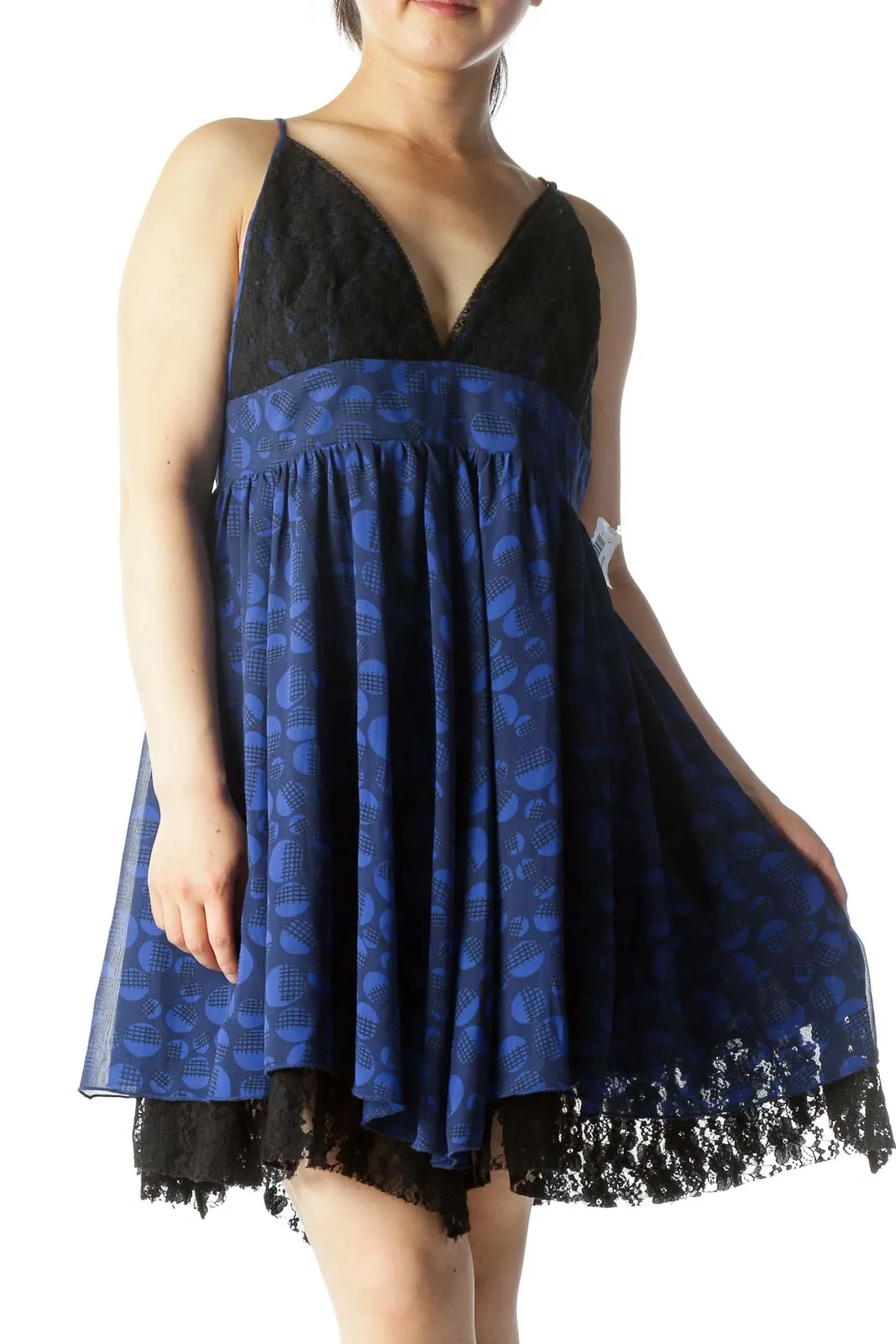 Blue & Black Printed Lace-Breasted Spaghetti Strap Day Dress