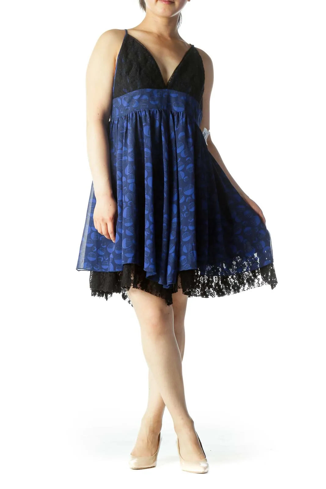 Blue & Black Printed Lace-Breasted Spaghetti Strap Day Dress