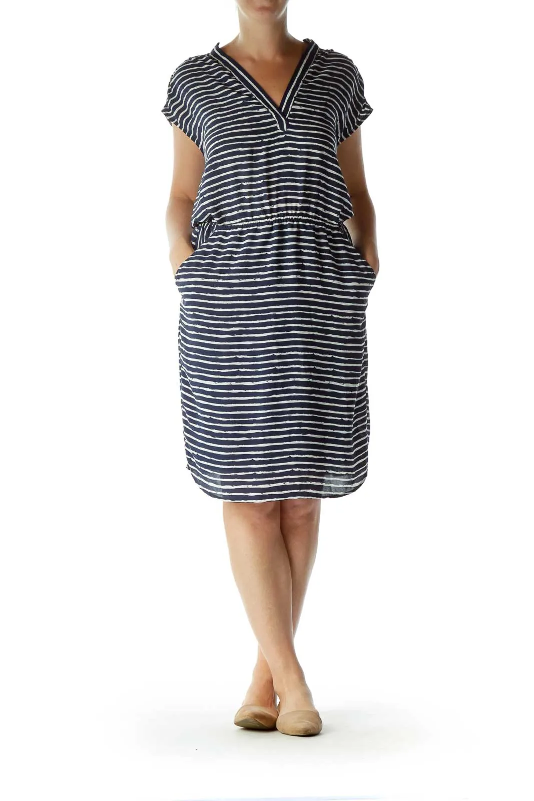 Blue White Striped Day Dress w/ Pockets