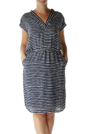 Blue White Striped Day Dress w/ Pockets