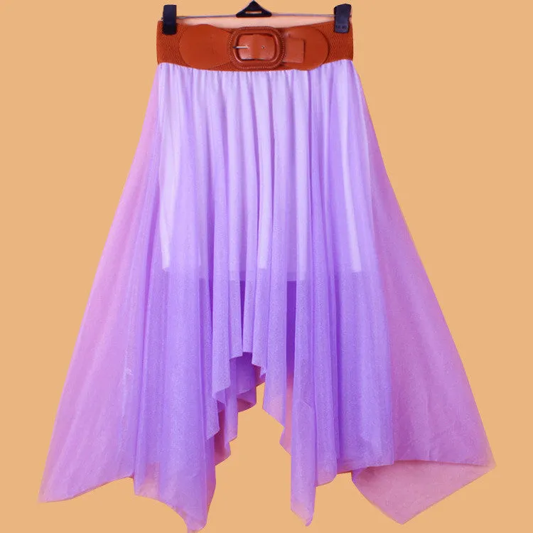 Chiffon Irregular Bohemian Flare Pleated Beach Middle Belt Skirt