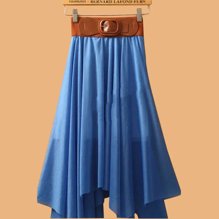 Chiffon Irregular Bohemian Flare Pleated Beach Middle Belt Skirt