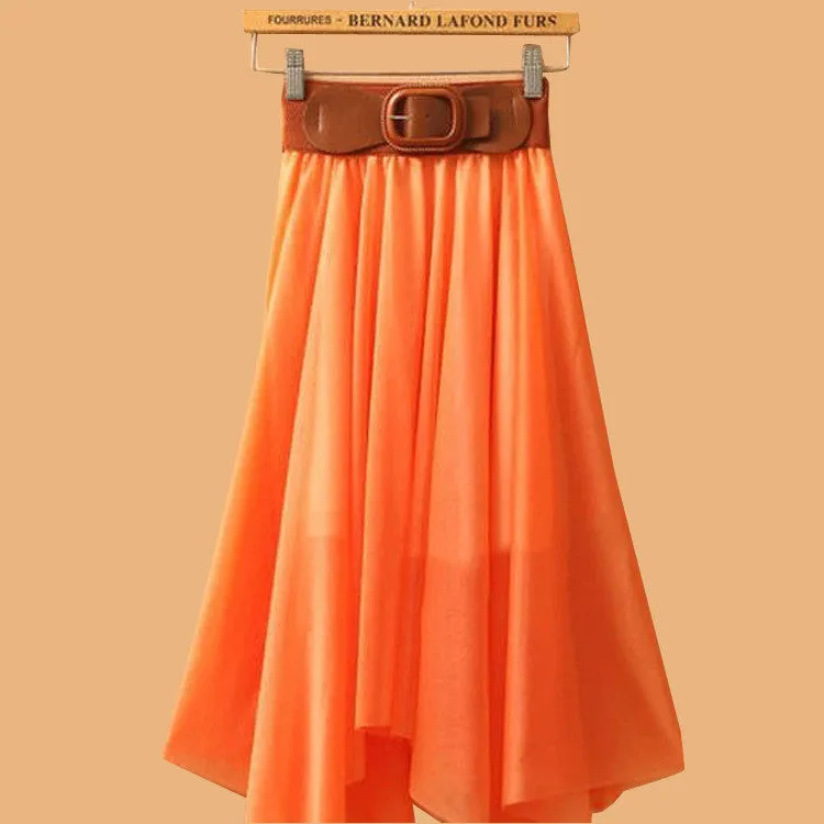 Chiffon Irregular Bohemian Flare Pleated Beach Middle Belt Skirt