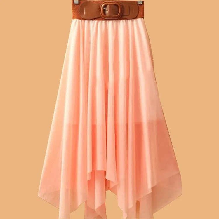 Chiffon Irregular Bohemian Flare Pleated Beach Middle Belt Skirt