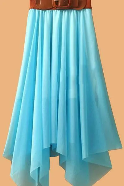 Chiffon Irregular Bohemian Flare Pleated Beach Middle Belt Skirt