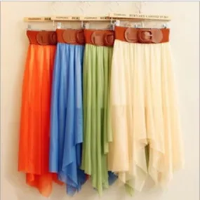 Chiffon Irregular Bohemian Flare Pleated Beach Middle Belt Skirt