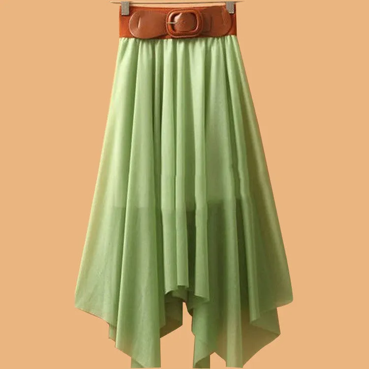 Chiffon Irregular Bohemian Flare Pleated Beach Middle Belt Skirt