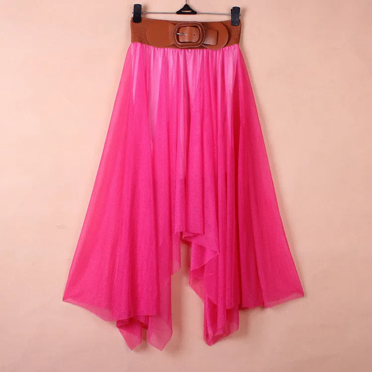 Chiffon Irregular Bohemian Flare Pleated Beach Middle Belt Skirt