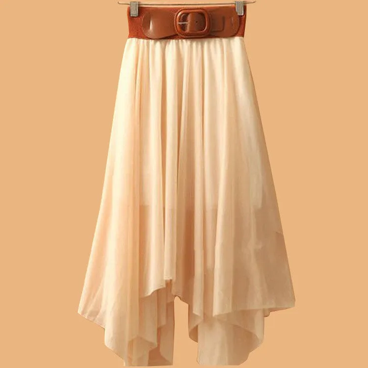 Chiffon Irregular Bohemian Flare Pleated Beach Middle Belt Skirt