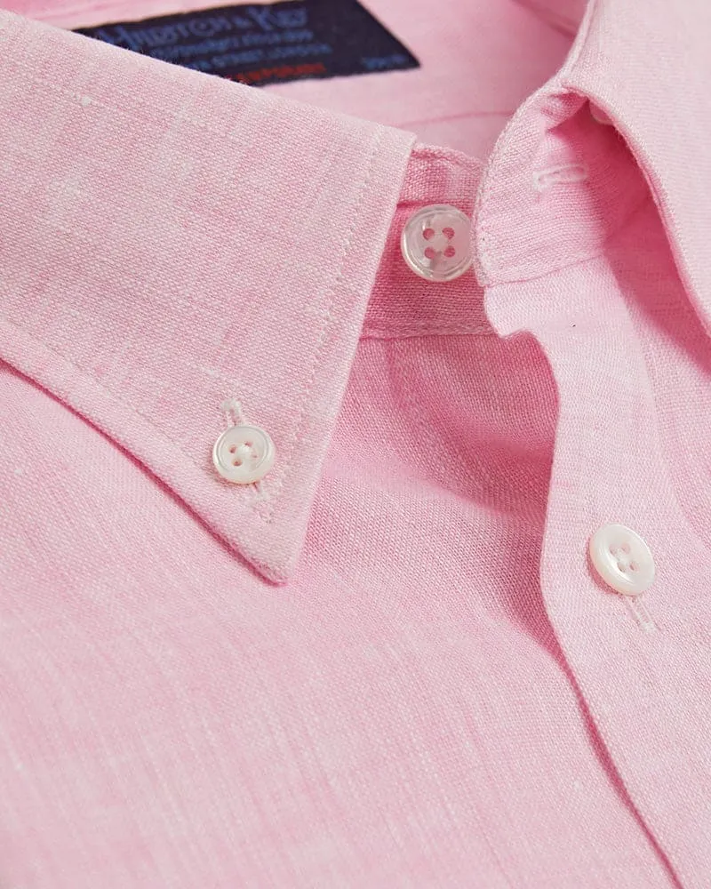 Contemporary Fit, Button Down Collar, 2 Button Cuff Shirt in Plain Pink Linen