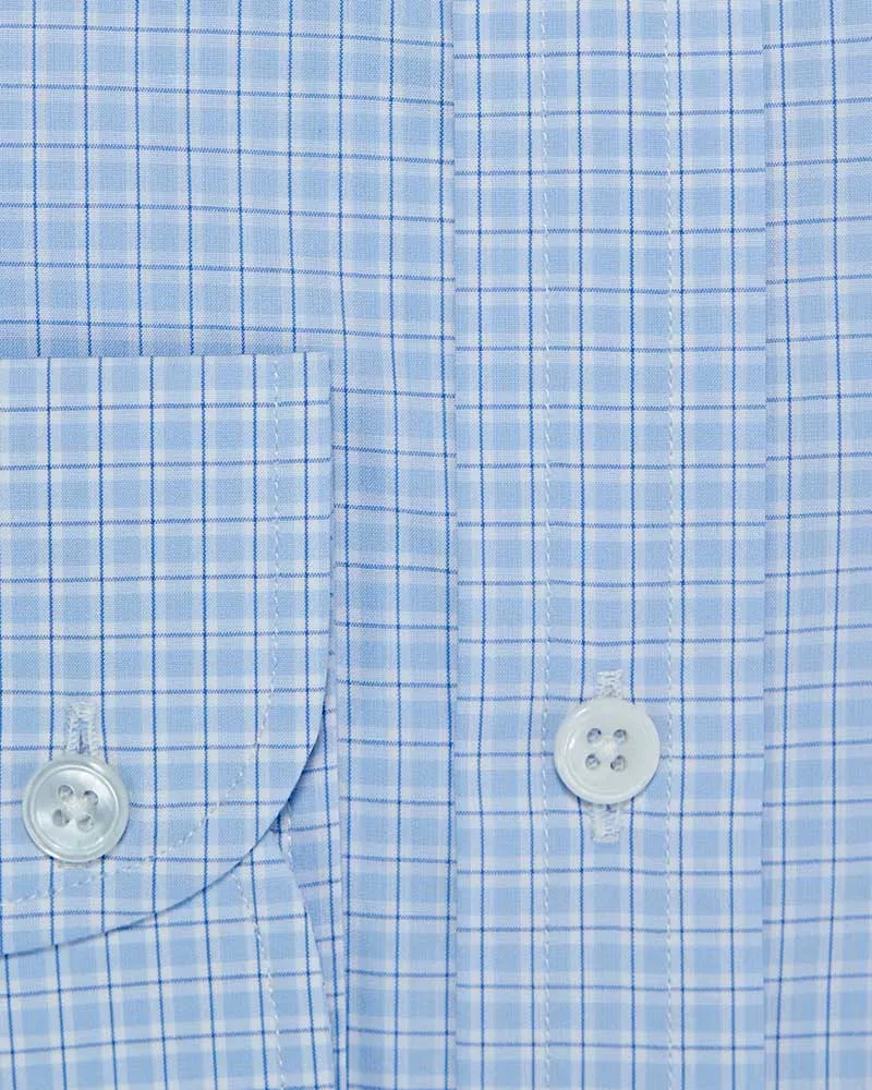 Contemporary Fit, Button Down Collar, 2 Button Cuff Shirt In White With Light Blue Check