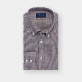 Contemporary Fit, Button Down Collar, Two Button Cuff Shirt In Navy, Brown & White Houndstooth Check