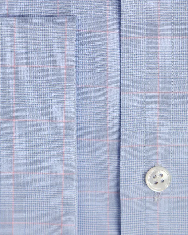 Contemporary Fit, Cutaway Collar, Double Cuff in Blue With Pink Line Overcheck