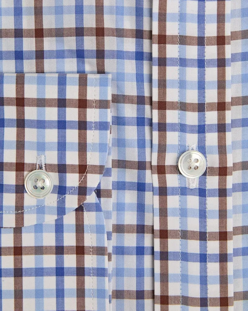 Contemporary Fit, Cutaway Collar, Two Button Cuff in White With Brown & Blue Overcheck