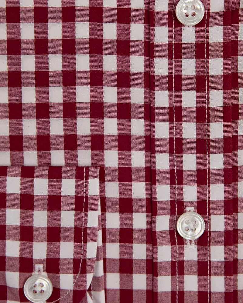 Contemporary Fit, Cutaway Collar, Two Button Cuff Wine & White Check Poplin Cotton