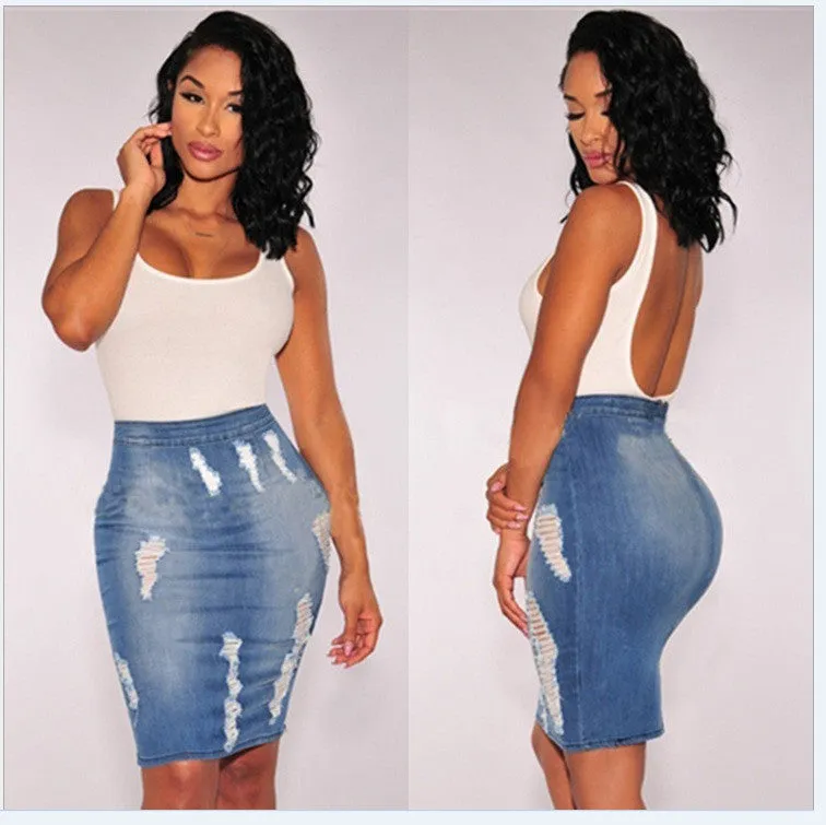 Denim Blue Skinny Zipper Short Hole Skirt