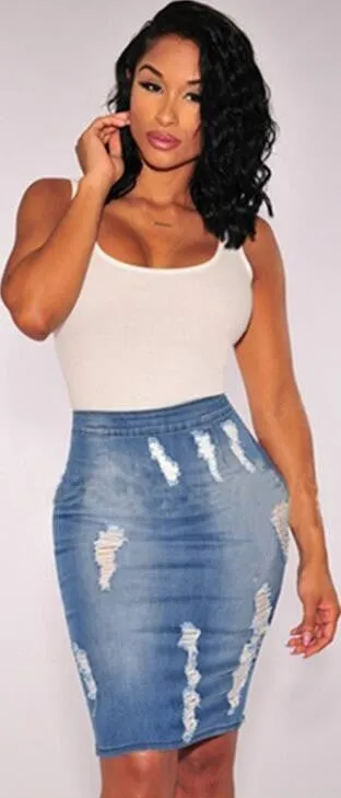 Denim Blue Skinny Zipper Short Hole Skirt