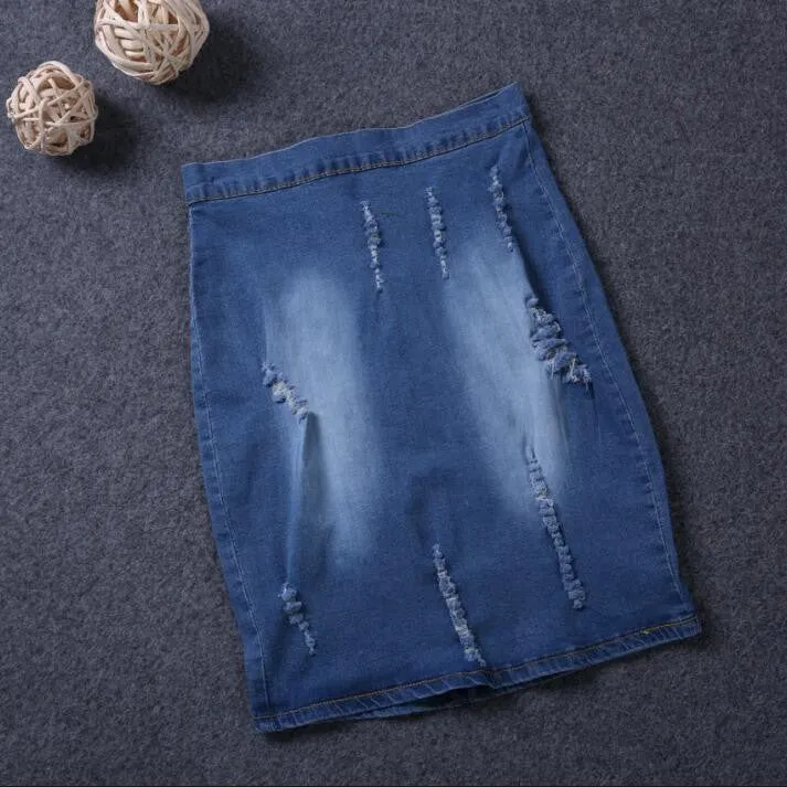 Denim Blue Skinny Zipper Short Hole Skirt