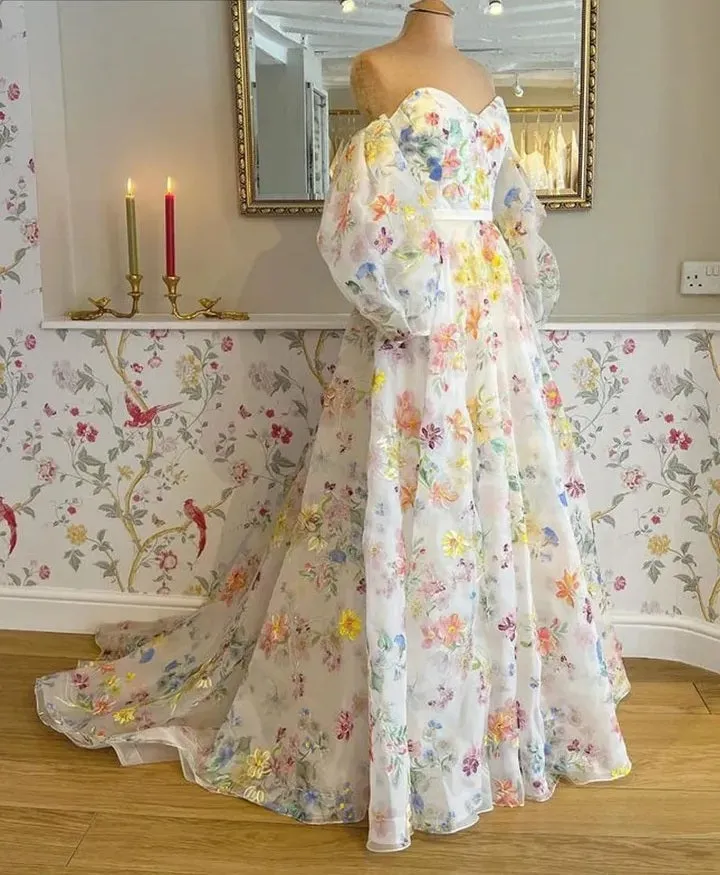 Floral Printed Chiffon Detachable Sleeve Wedding Gown All Sizes