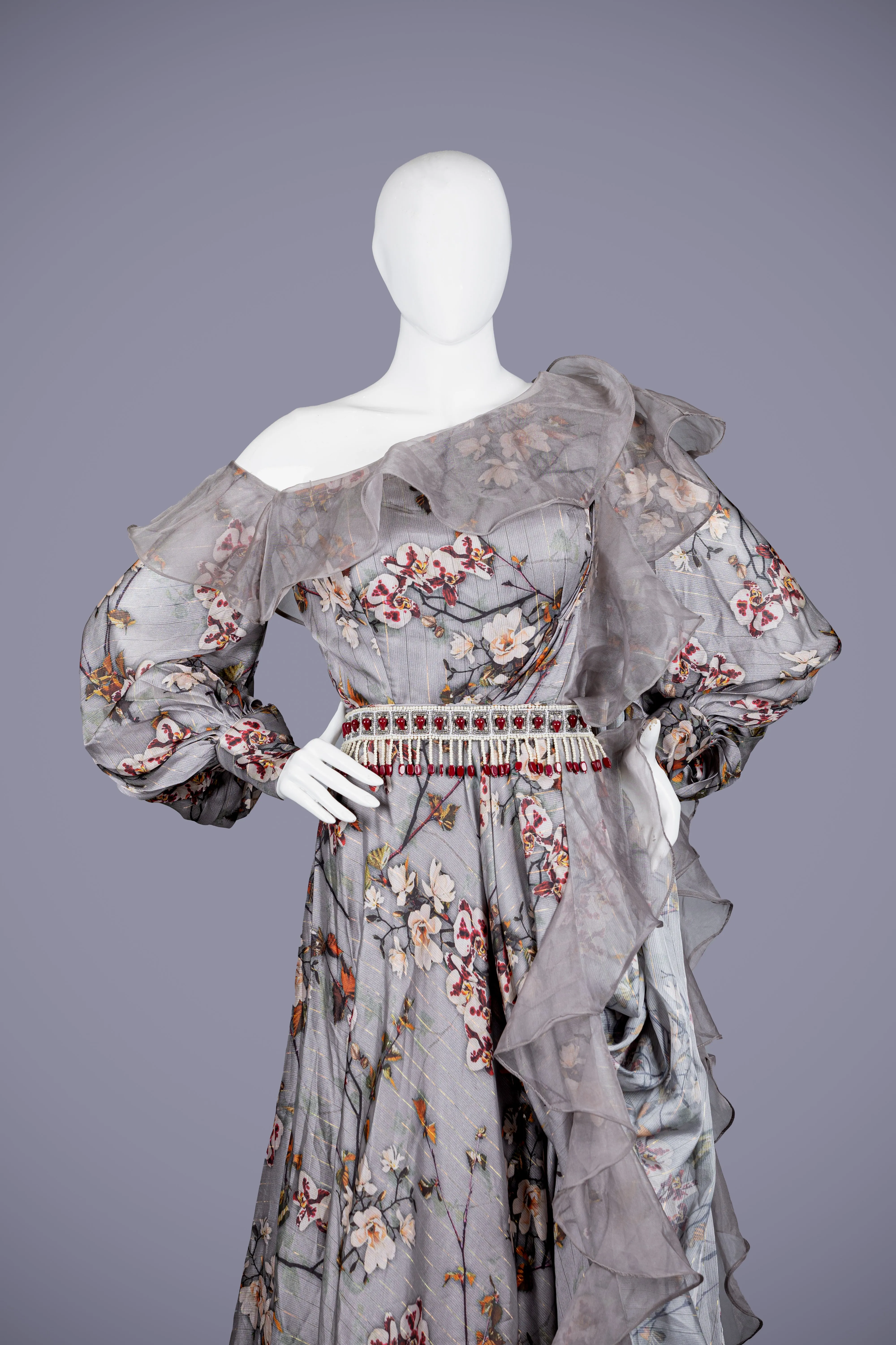 Gray Printed Silk Gown (Designer Gown)