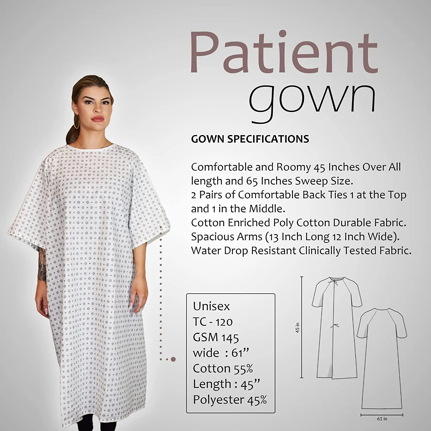 Hospital Gowns Pack of 6 -Cotton Blend Unisex Medical Patient Gowns, Fits up to 2 XL - 45" Long & 61" Wide with 2 Pairs of Back Tie