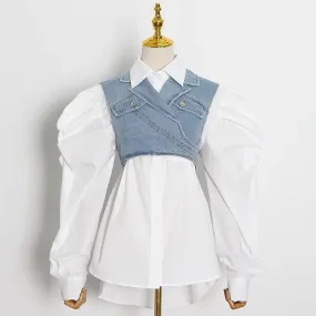 LAYVA WHITE SHIRT with PUFF SleeveS and CROSS DENIM VEST 2 PIECE SET