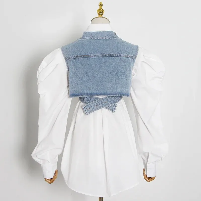 LAYVA WHITE SHIRT with PUFF SleeveS and CROSS DENIM VEST 2 PIECE SET