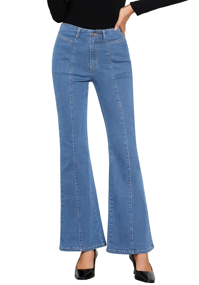 Medium Blue Women's High Waisted Denim Regular Full Length Stretch Flare Jeans