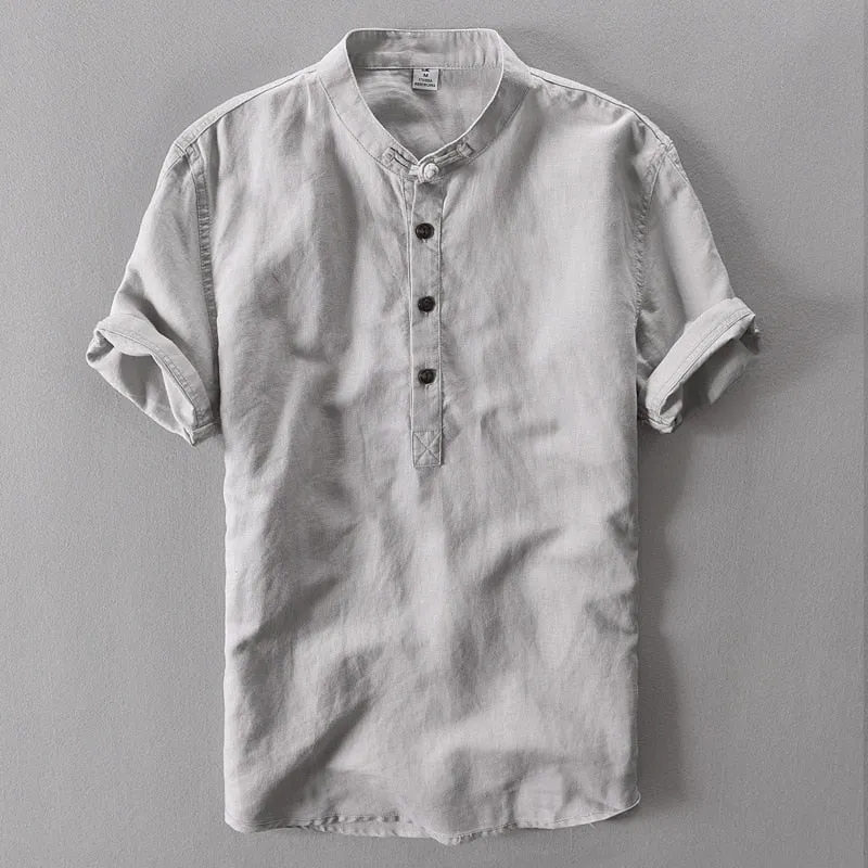 Men Short Sleeve Loose Thin Cotton Linen Shirt