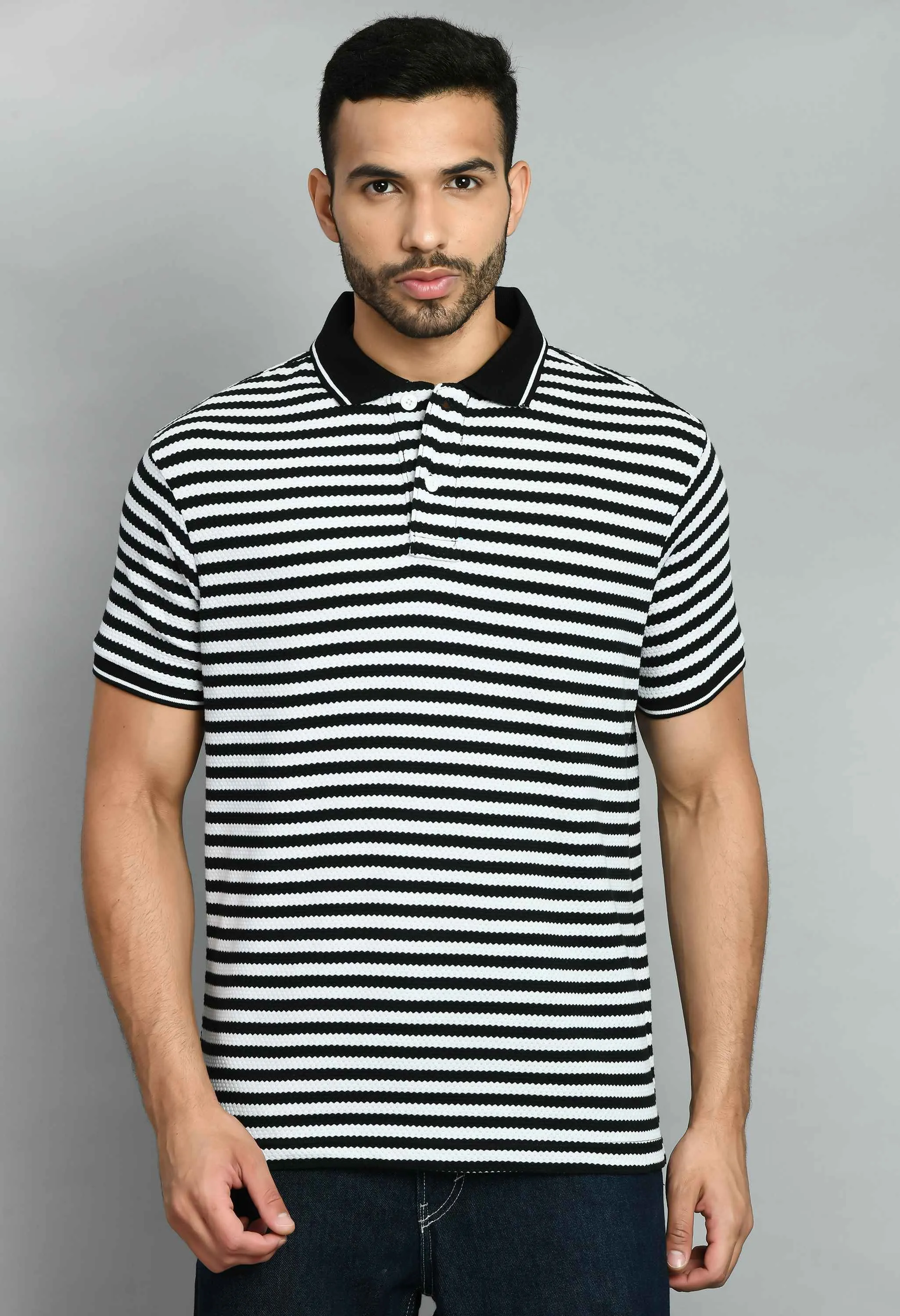 Men's Striped White Black Polo Tees