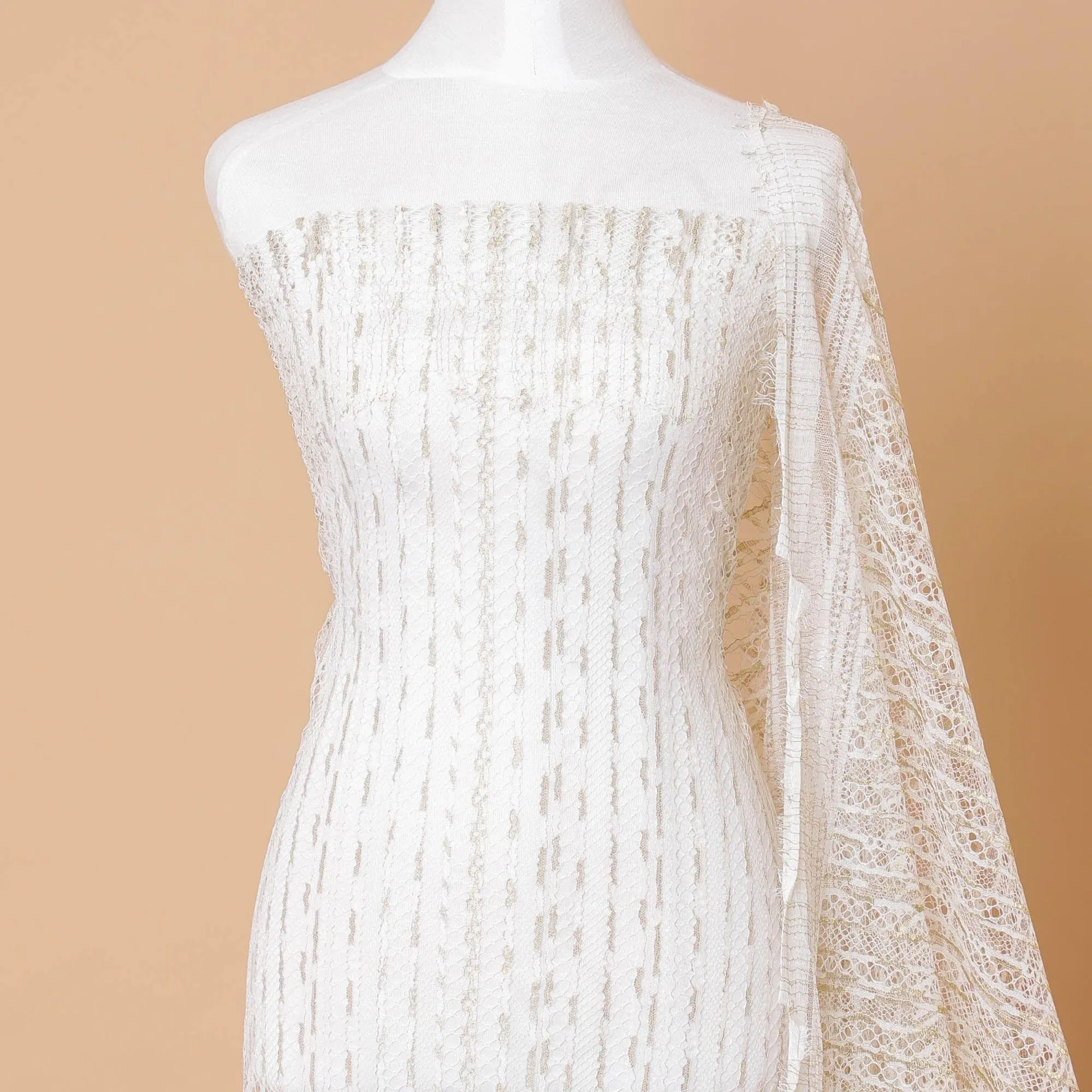 Off white Premium Wedding French chantilly lace fabric with gold metallic stripe design-D8367