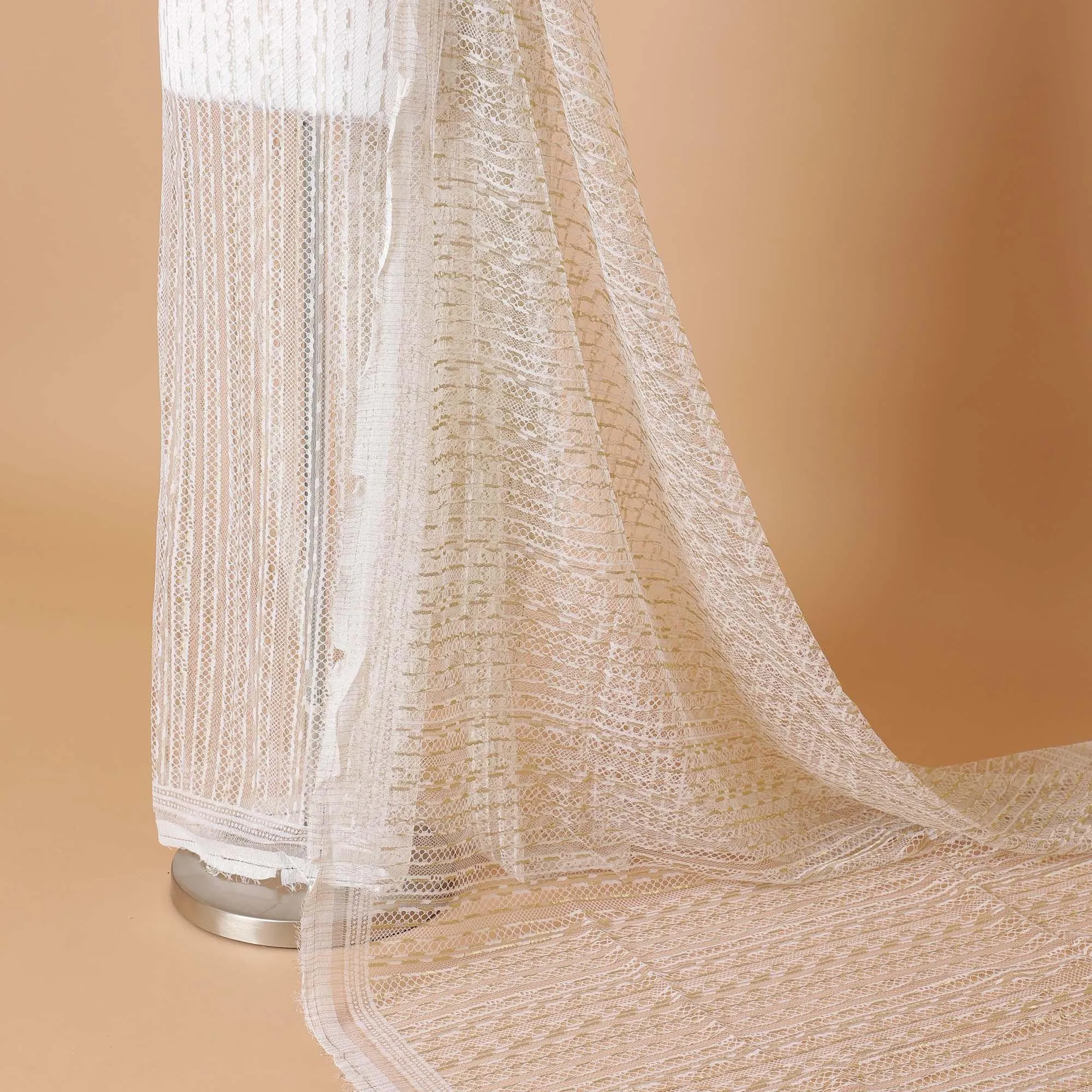 Off white Premium Wedding French chantilly lace fabric with gold metallic stripe design-D8367