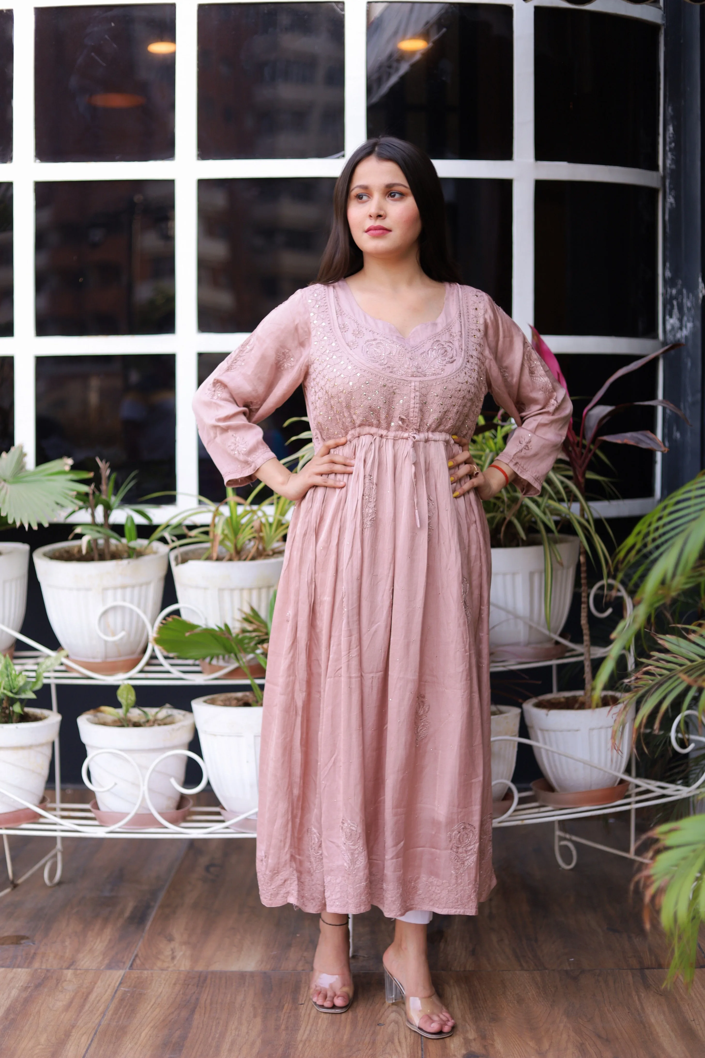 Olivia Lucknowi Chikankari Modal Satin Long Gown | Pink